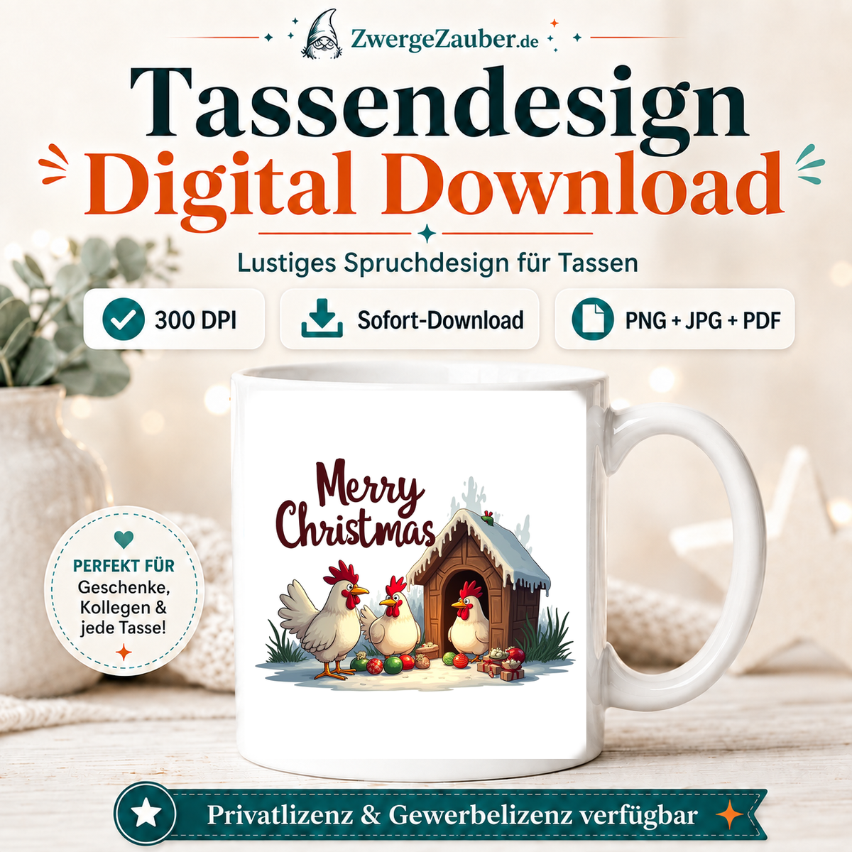 ZwergeZauber Tassendesign Merry Christmas Hühner am verschneiten Hühnerstall – Verkaufsbild 1