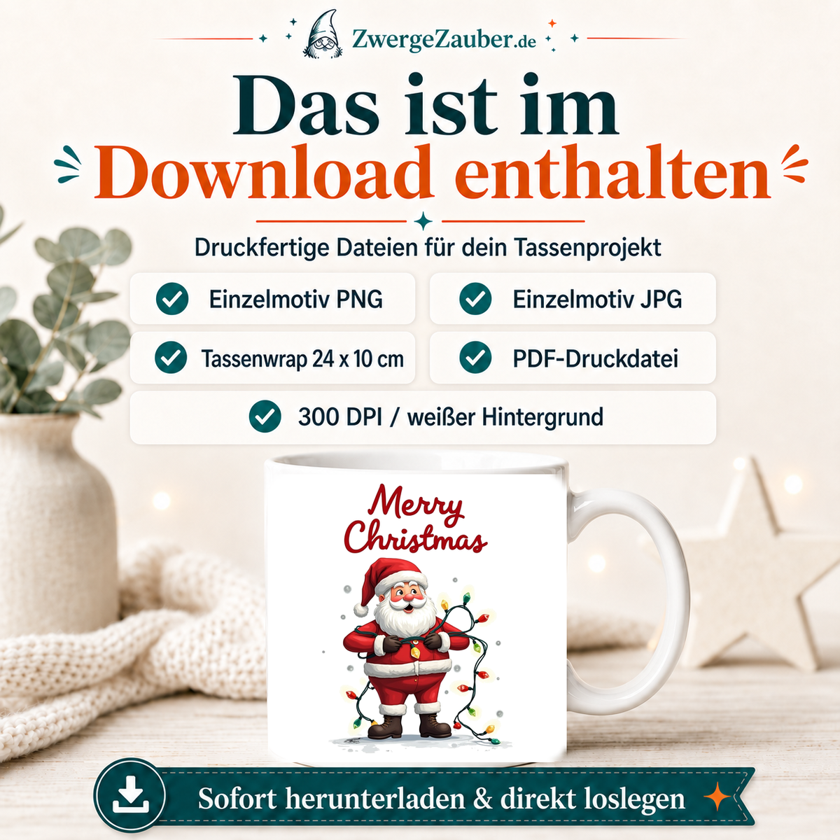 ZwergeZauber Tassendesign Merry Christmas Weihnachtsmann mit Lichterkette – Verkaufsbild 2