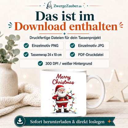ZwergeZauber Tassendesign Merry Christmas Weihnachtsmann mit Lichterkette – Verkaufsbild 2