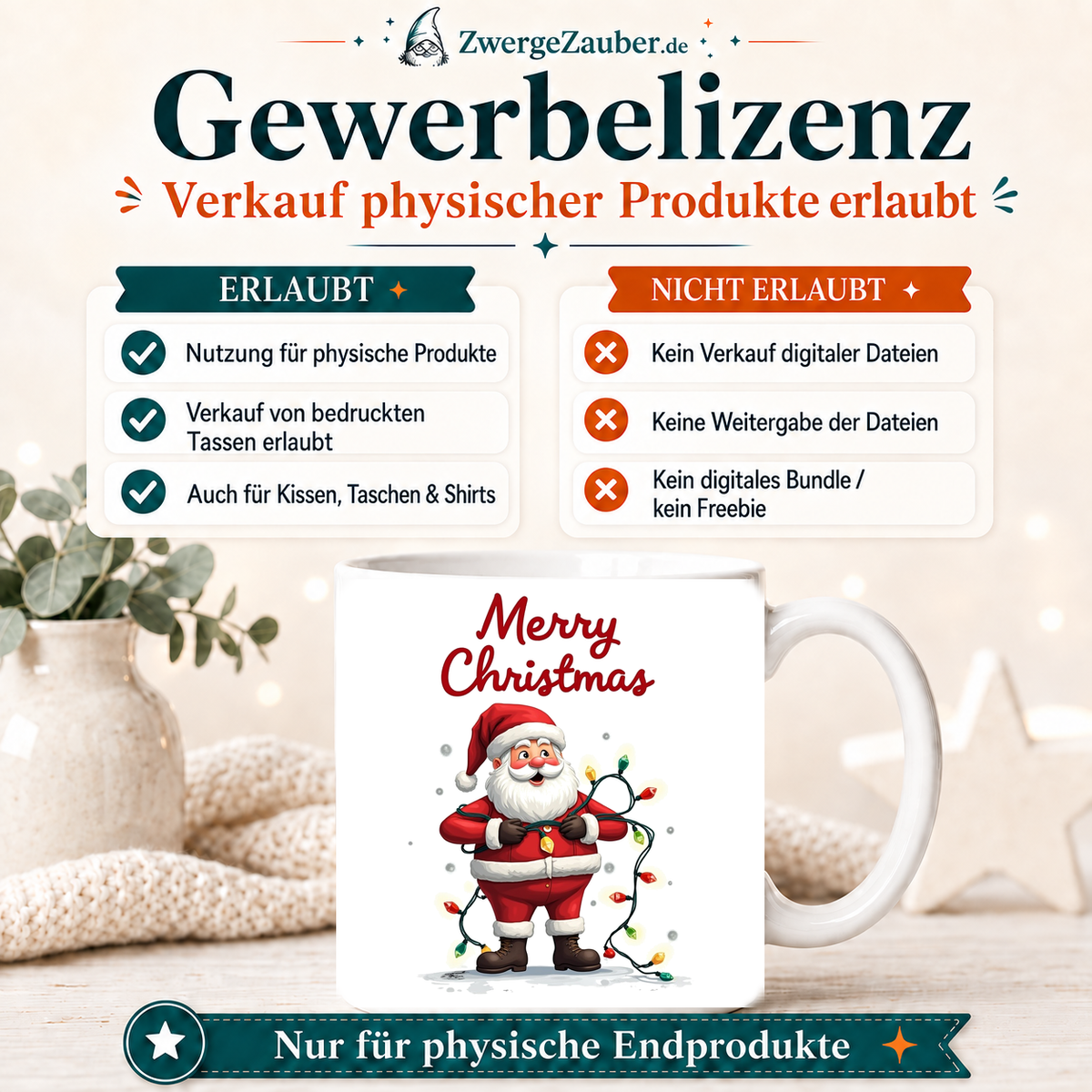 ZwergeZauber Tassendesign Merry Christmas Weihnachtsmann mit Lichterkette – Verkaufsbild 4