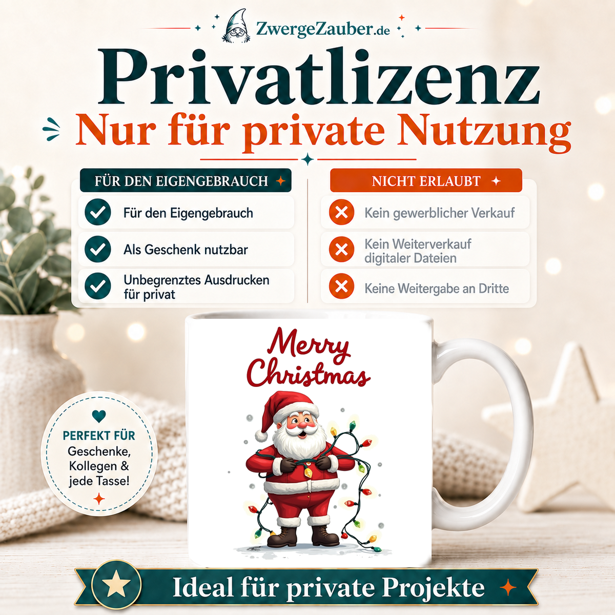ZwergeZauber Tassendesign Merry Christmas Weihnachtsmann mit Lichterkette – Verkaufsbild 3
