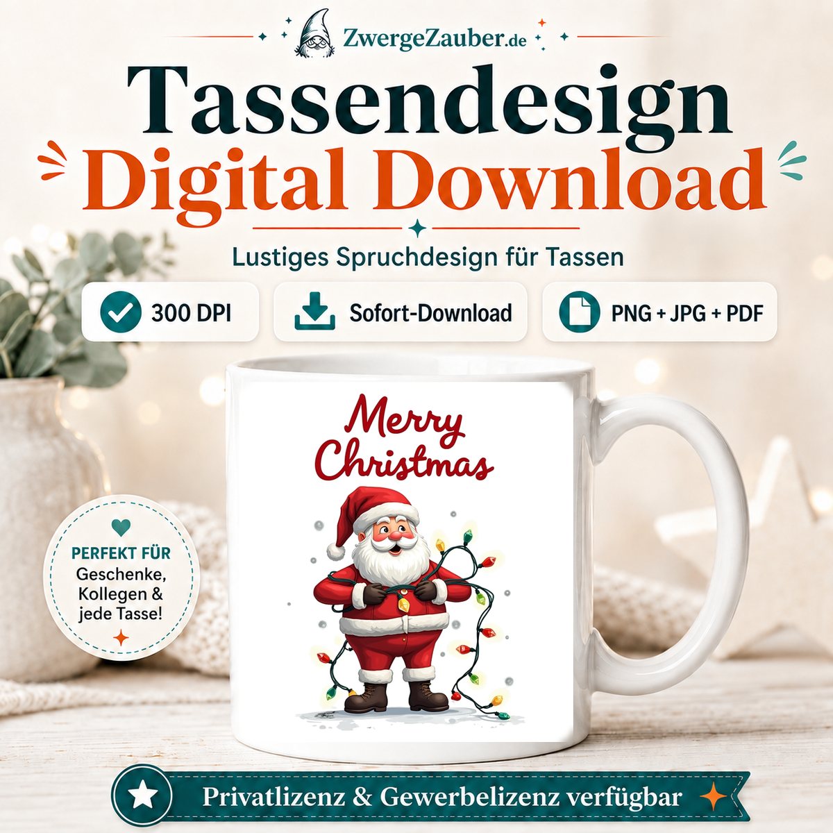 ZwergeZauber Tassendesign Merry Christmas Weihnachtsmann mit Lichterkette – Verkaufsbild 1