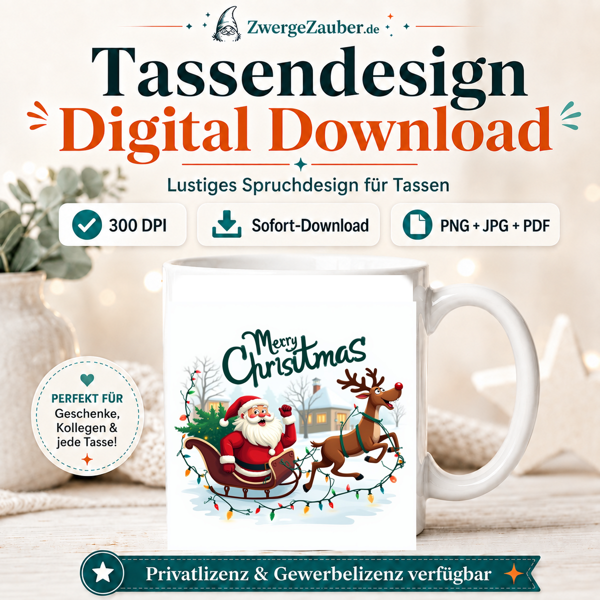 ZwergeZauber Tassendesign Merry Christmas Weihnachtsmann & Rentier mit Lichterkette  – Verkaufsbild 1