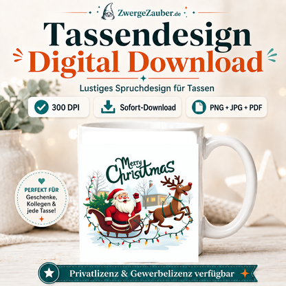 ZwergeZauber Tassendesign Merry Christmas Weihnachtsmann & Rentier mit Lichterkette  – Verkaufsbild 1
