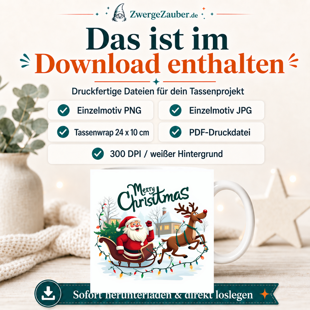 ZwergeZauber Tassendesign Merry Christmas Weihnachtsmann & Rentier mit Lichterkette  – Verkaufsbild 2