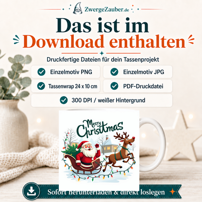 ZwergeZauber Tassendesign Merry Christmas Weihnachtsmann & Rentier mit Lichterkette  – Verkaufsbild 2
