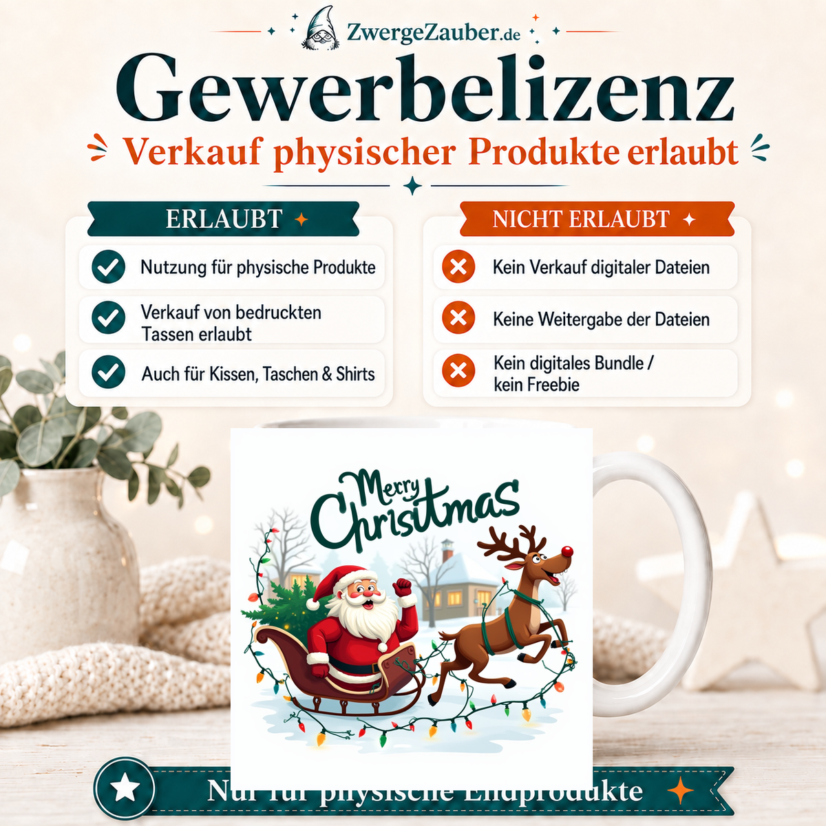 ZwergeZauber Tassendesign Merry Christmas Weihnachtsmann & Rentier mit Lichterkette  – Verkaufsbild 4