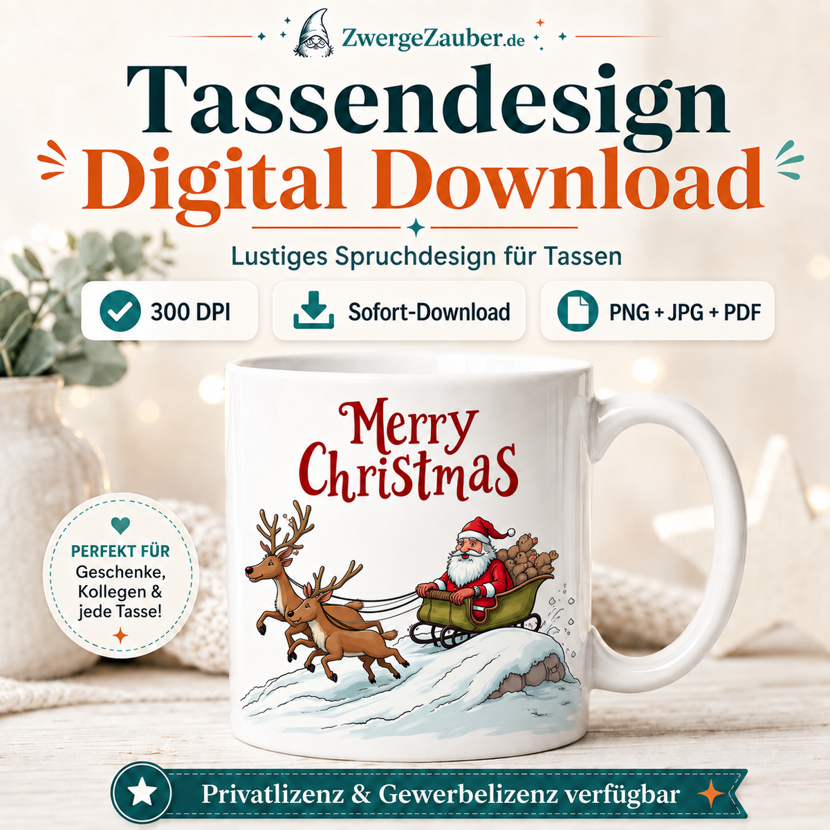 ZwergeZauber Tassendesign Merry Christmas - Weihnachtsmann mit Rentieren – Verkaufsbild 1