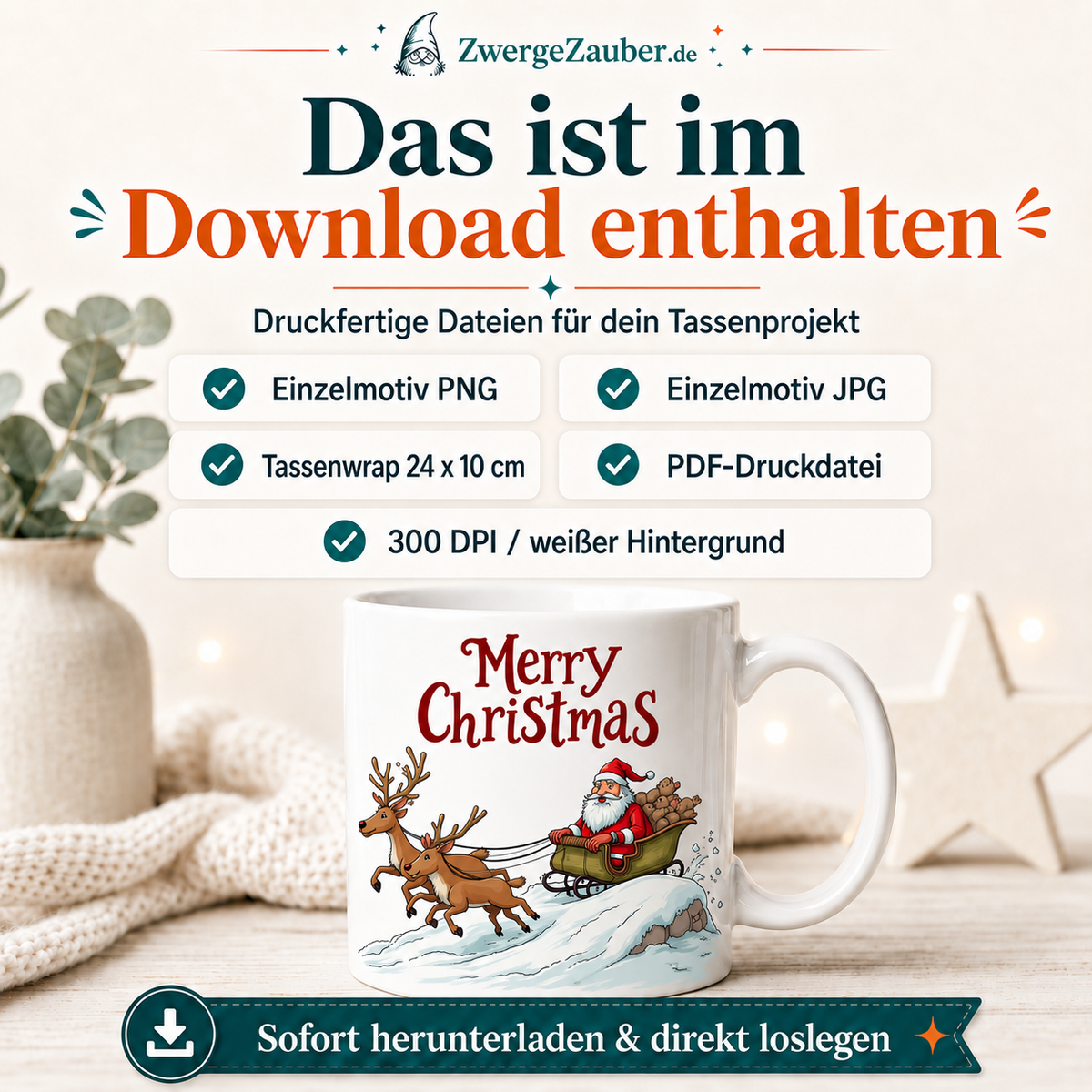 ZwergeZauber Tassendesign Merry Christmas - Weihnachtsmann mit Rentieren – Verkaufsbild 2