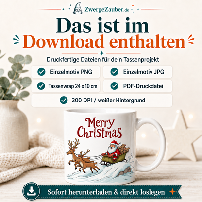 ZwergeZauber Tassendesign Merry Christmas - Weihnachtsmann mit Rentieren – Verkaufsbild 2