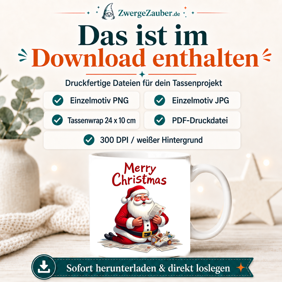 ZwergeZauber Tassendesign Merry Christmas Weihnachtsmann mit Zeitung und Spielzeug  – Verkaufsbild 2