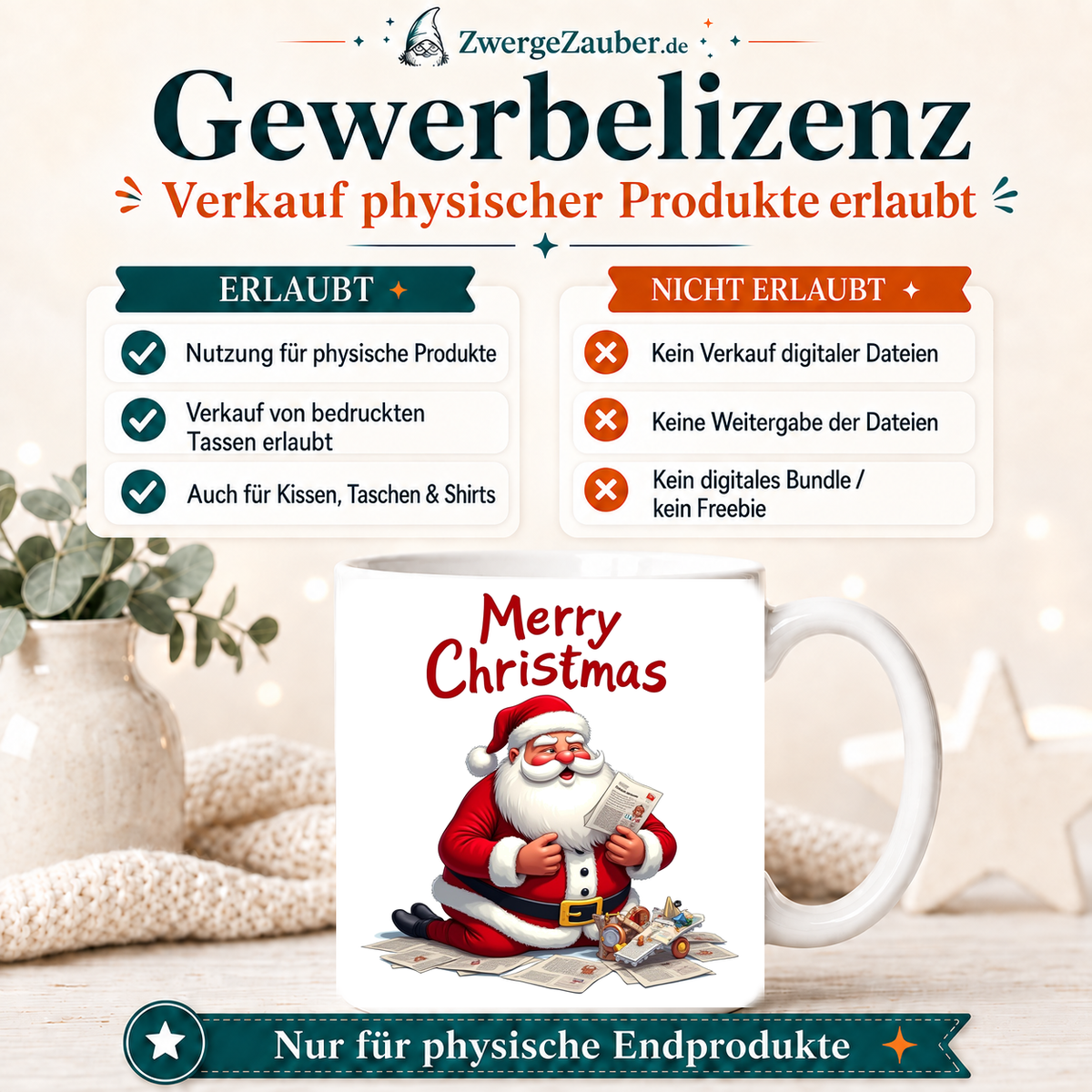 ZwergeZauber Tassendesign Merry Christmas Weihnachtsmann mit Zeitung und Spielzeug  – Verkaufsbild 4