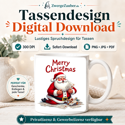 ZwergeZauber Tassendesign Merry Christmas Weihnachtsmann mit Zeitung und Spielzeug  – Verkaufsbild 1