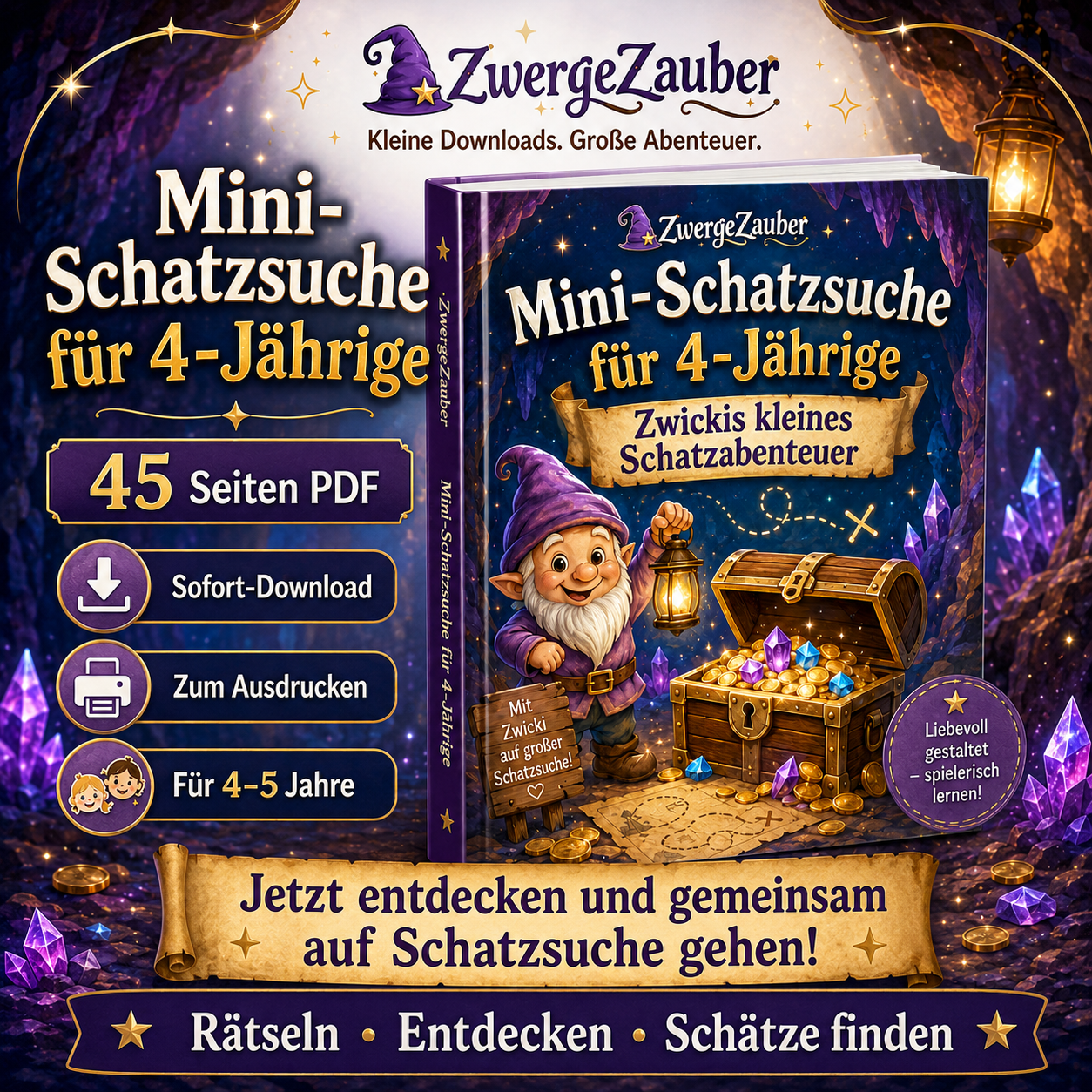 Mini-Schatzsuche für 4-Jährige mit 45 Seiten PDF, Zwicki, Schatzkiste und Sofort-Download von ZwergeZauber