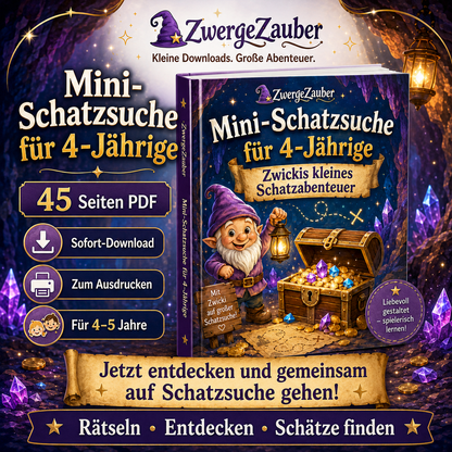 Mini-Schatzsuche für 4-Jährige mit 45 Seiten PDF, Zwicki, Schatzkiste und Sofort-Download von ZwergeZauber