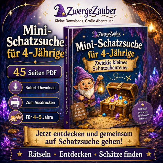 Mini-Schatzsuche für 4-Jährige mit 45 Seiten PDF, Zwicki, Schatzkiste und Sofort-Download von ZwergeZauber