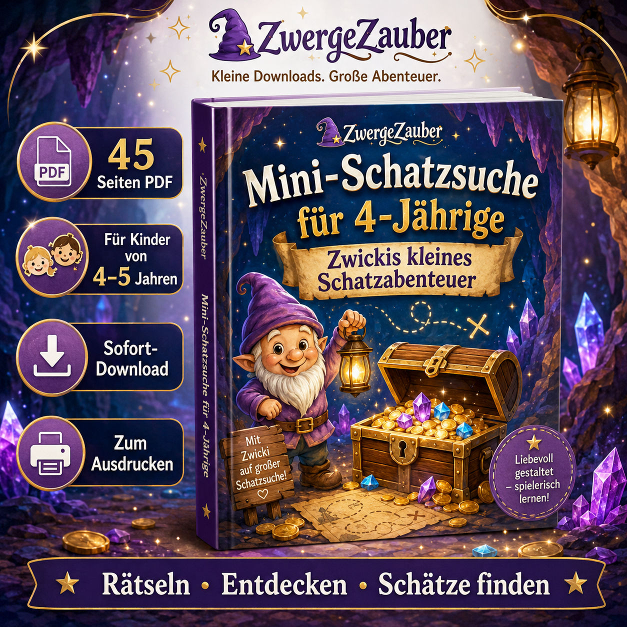 ZwergeZauber Mini-Schatzsuche für 4-Jährige als 45 Seiten PDF zum Sofort-Download und Ausdrucken