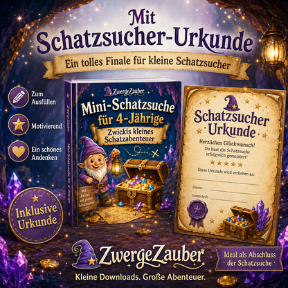Mini-Schatzsuche für 4-Jährige mit einfachen Aufgaben, kindgerechten Illustrationen und Schatzsucher-Urkunde