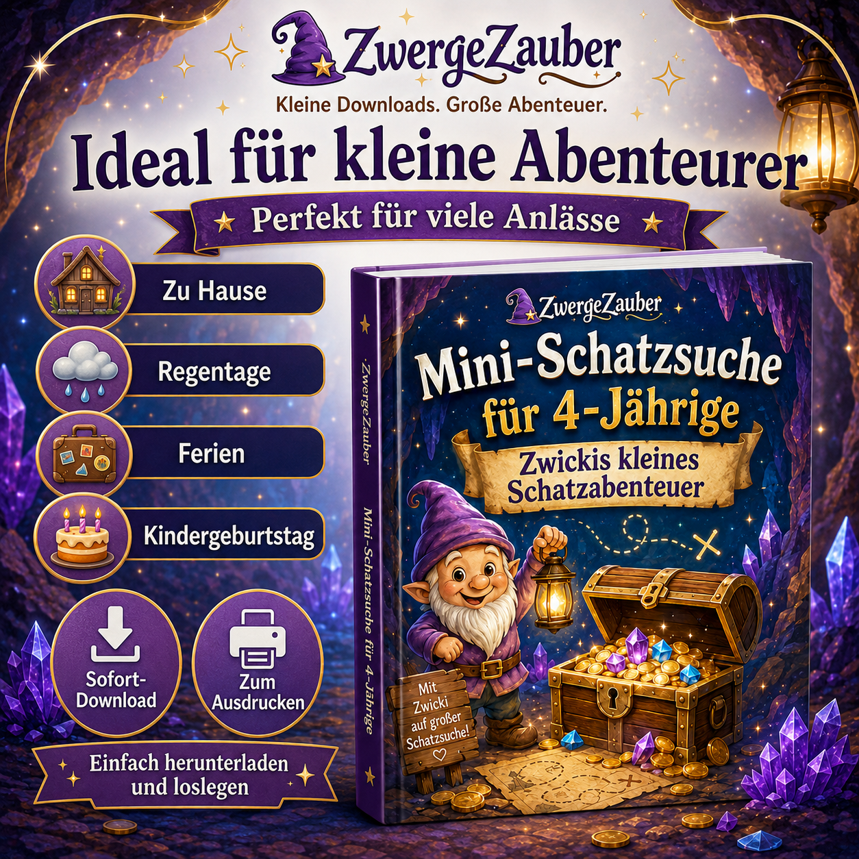 Mini-Schatzsuche für Kinder von 4 bis 5 Jahren mit Suchspielen, einfachen Labyrinthen, Zählen und Zuordnen