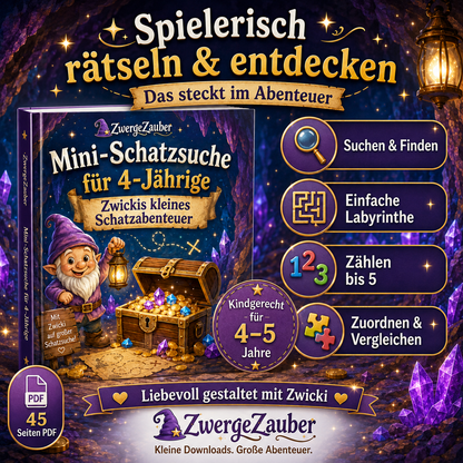 Digitale Mini-Schatzsuche für 4-Jährige zum Ausdrucken für Zuhause, Regentage, Ferien und Kindergeburtstag
