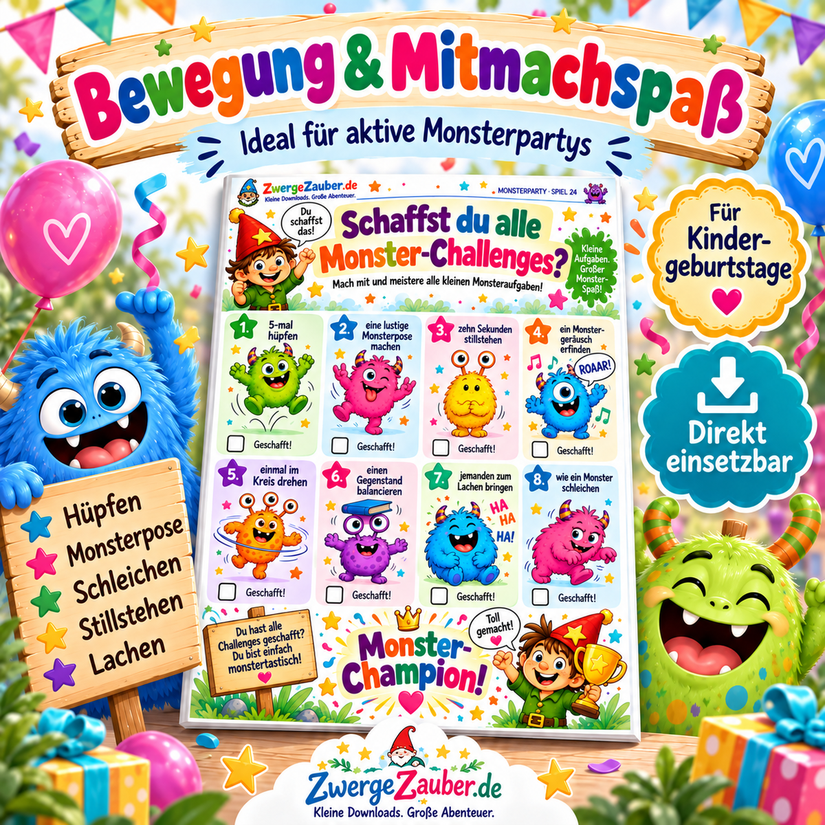 Monsterparty Bewegungsspiele und Mitmach-Challenges für Kinder von 5–9 Jahren zum Ausdrucken