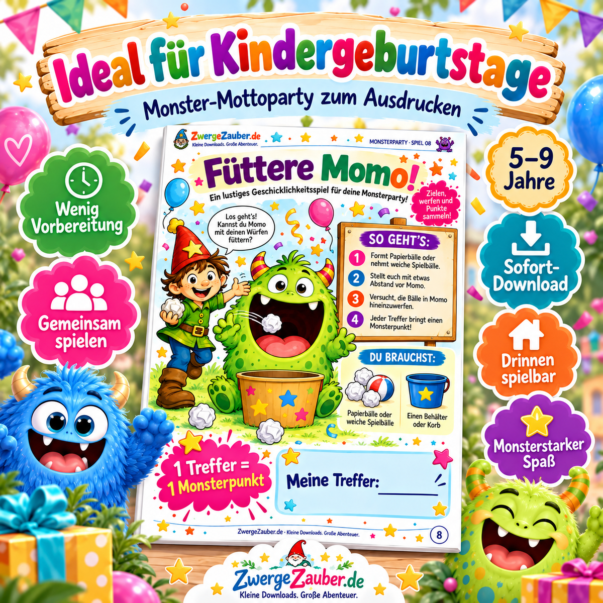 Monsterparty-Spieleset als Sofort-Download für Kindergeburtstage mit wenig Vorbereitung und vielen Partyspielen
