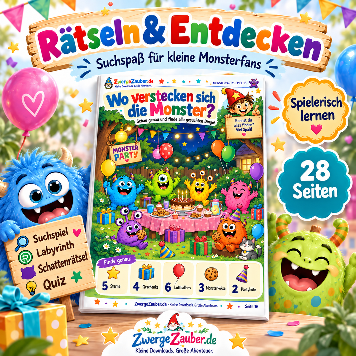 Monsterparty Rätsel und Suchspiele mit Labyrinth, Suchspiel, Schattenrätsel und Quiz für Kinder