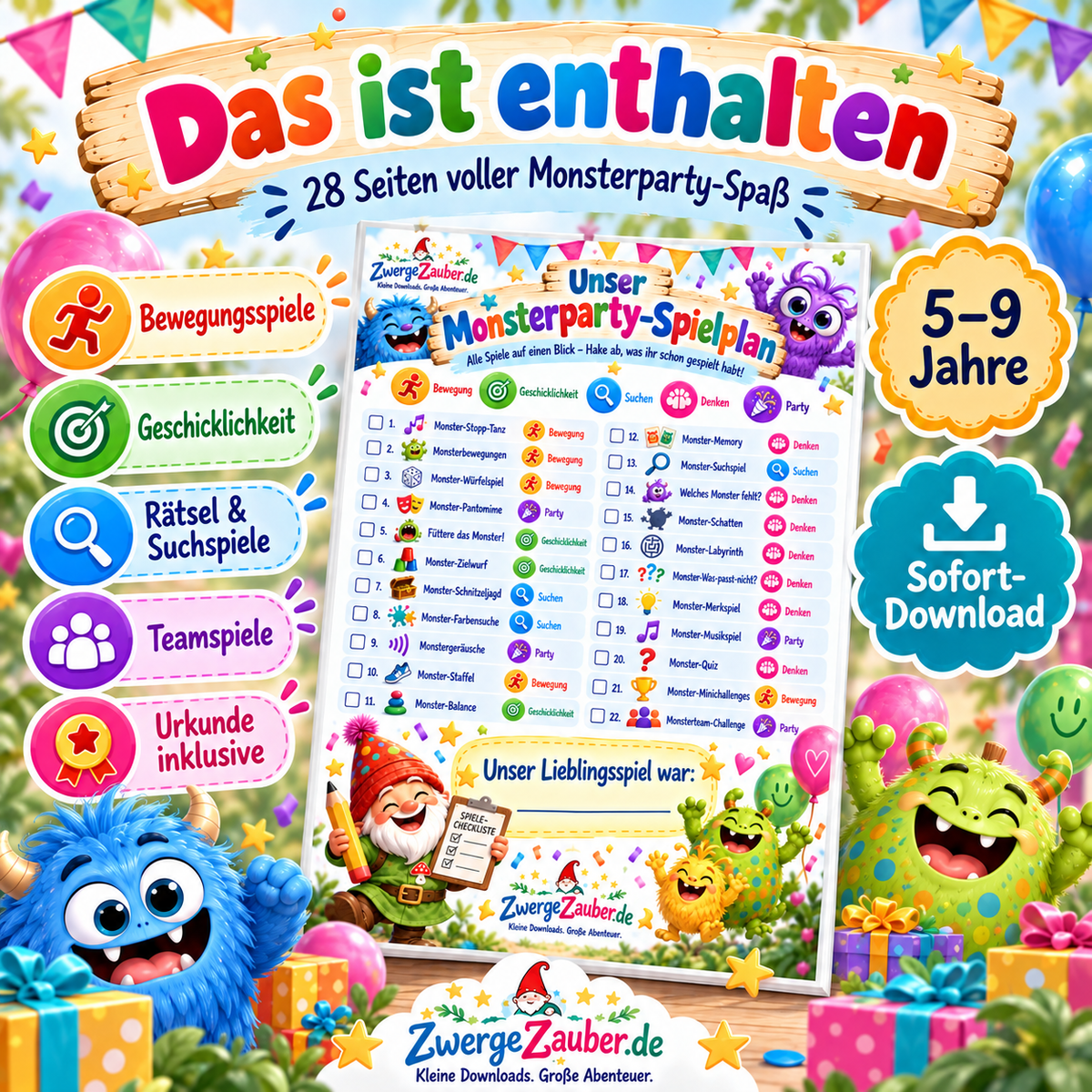 Inhalt des Monsterparty-Spielesets mit Bewegungsspielen, Geschicklichkeit, Rätseln, Suchspielen, Teamspielen und Urkunde
