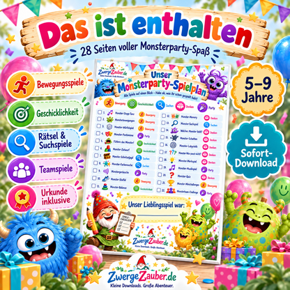 Inhalt des Monsterparty-Spielesets mit Bewegungsspielen, Geschicklichkeit, Rätseln, Suchspielen, Teamspielen und Urkunde