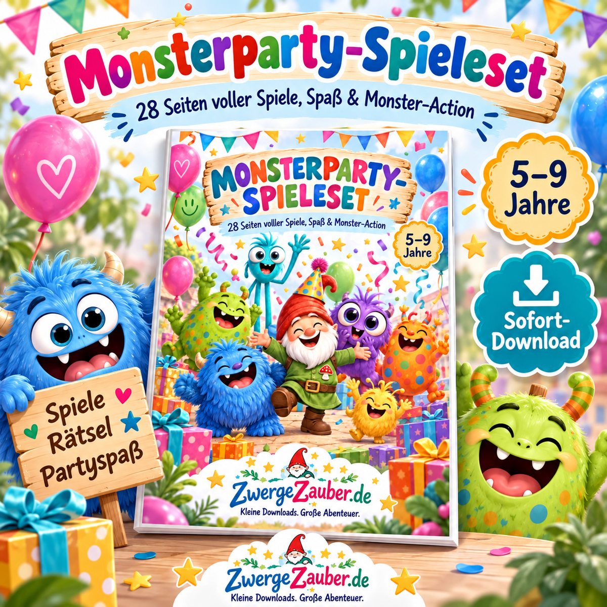 Monsterparty-Spieleset für Kinder von 5–9 Jahren mit 28 Seiten voller Spiele, Rätsel und Monster-Action von ZwergeZauber.de
