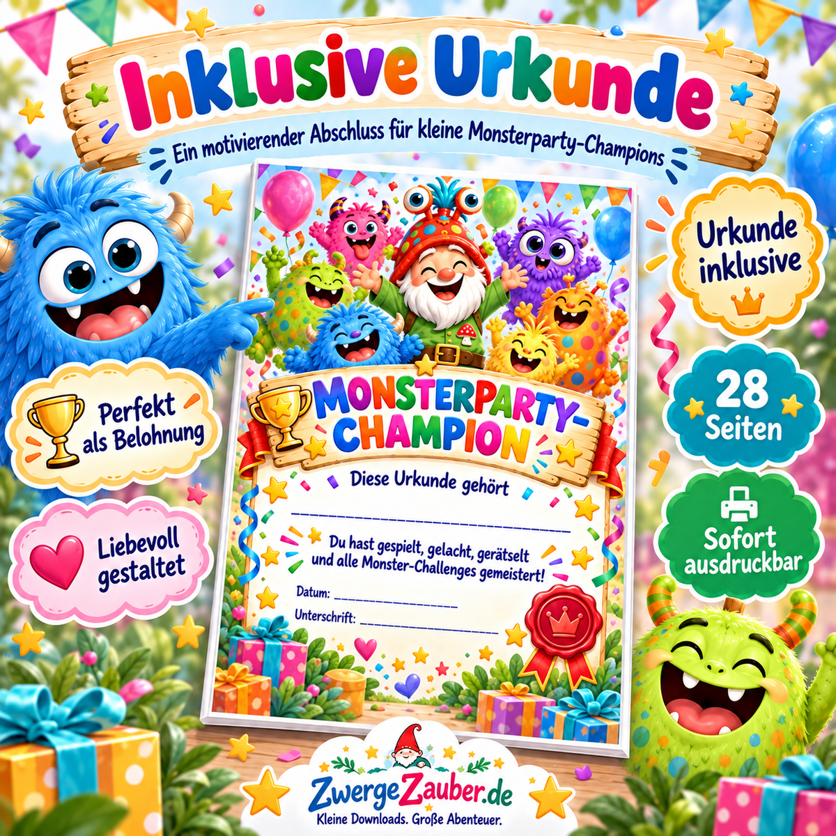 Monsterparty-Champion Urkunde als Abschluss des 28-seitigen ZwergeZauber.de Monsterparty-Spielesets