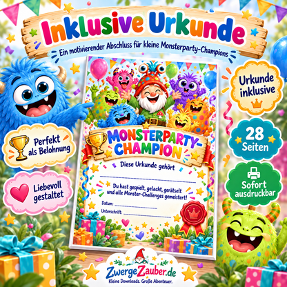 Monsterparty-Champion Urkunde als Abschluss des 28-seitigen ZwergeZauber.de Monsterparty-Spielesets