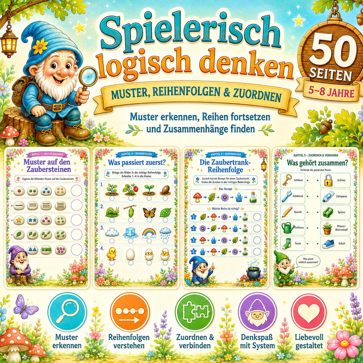 Muster erkennen, Reihenfolgen ordnen und logisches Denken trainieren mit kindgerechten Arbeitsblättern als PDF Download.