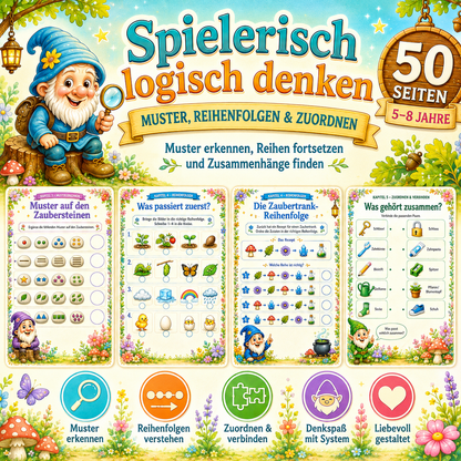 Muster erkennen, Reihenfolgen ordnen und logisches Denken trainieren mit kindgerechten Arbeitsblättern als PDF Download.