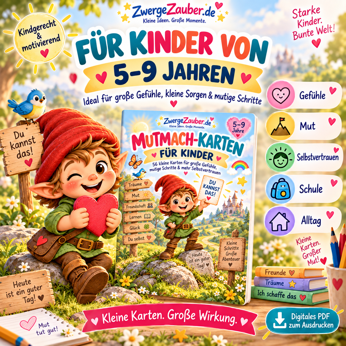 Mutmach-Karten für Kinder von 5 bis 9 Jahren zu Gefühlen, Mut, Selbstvertrauen, Schule und Alltag – digitales PDF von ZwergeZauber.