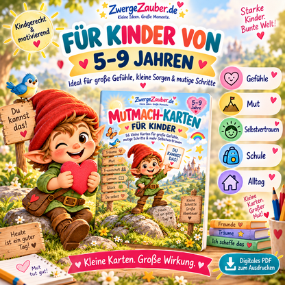 Mutmach-Karten für Kinder von 5 bis 9 Jahren zu Gefühlen, Mut, Selbstvertrauen, Schule und Alltag – digitales PDF von ZwergeZauber.