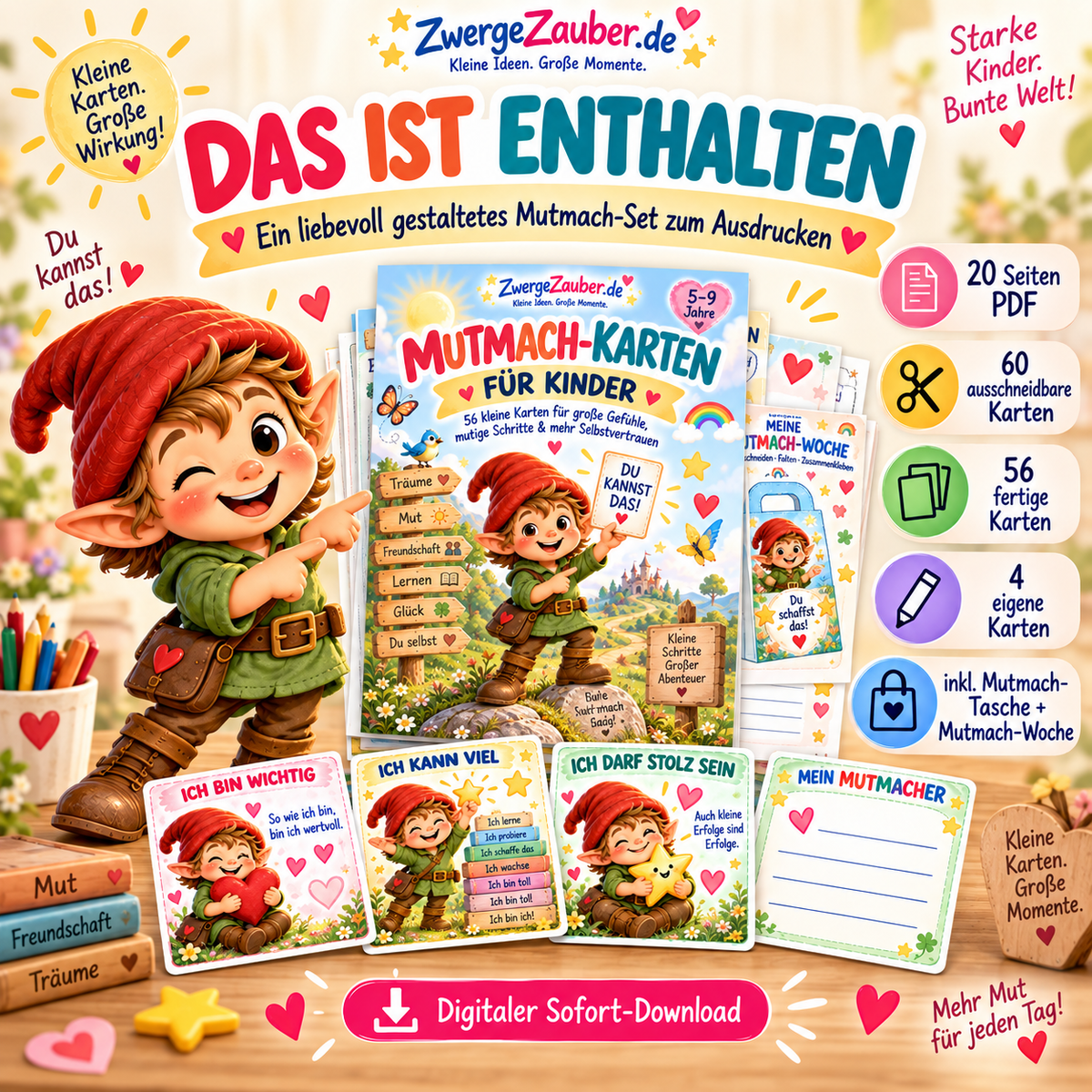 Inhalt der Mutmach-Karten für Kinder – 20 Seiten PDF, 56 fertige Mutmacher und 4 Karten zum Selbstgestalten, insgesamt 60 Karten.