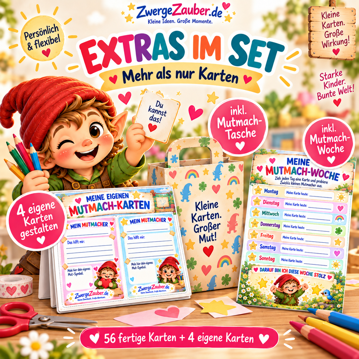 Extras der Mutmach-Karten für Kinder mit vier eigenen Karten, Zwickis Mutmach-Tasche und Mutmach-Woche zum Ausdrucken.