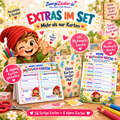 Extras der Mutmach-Karten für Kinder mit vier eigenen Karten, Zwickis Mutmach-Tasche und Mutmach-Woche zum Ausdrucken.