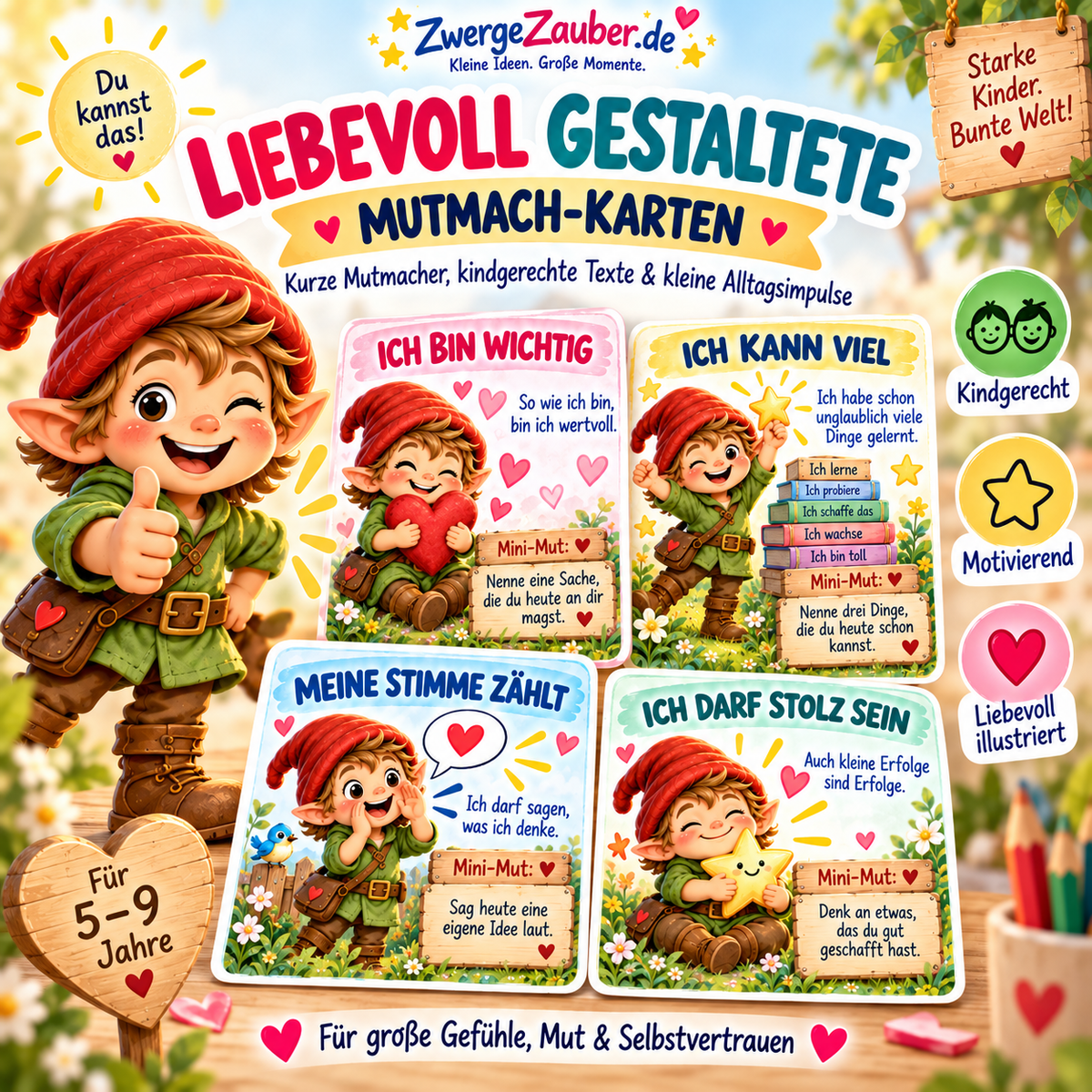 Liebevoll illustrierte Mutmach-Karten für Kinder mit kurzen stärkenden Botschaften und Mini-Mut-Aufgaben für mehr Selbstvertrauen.