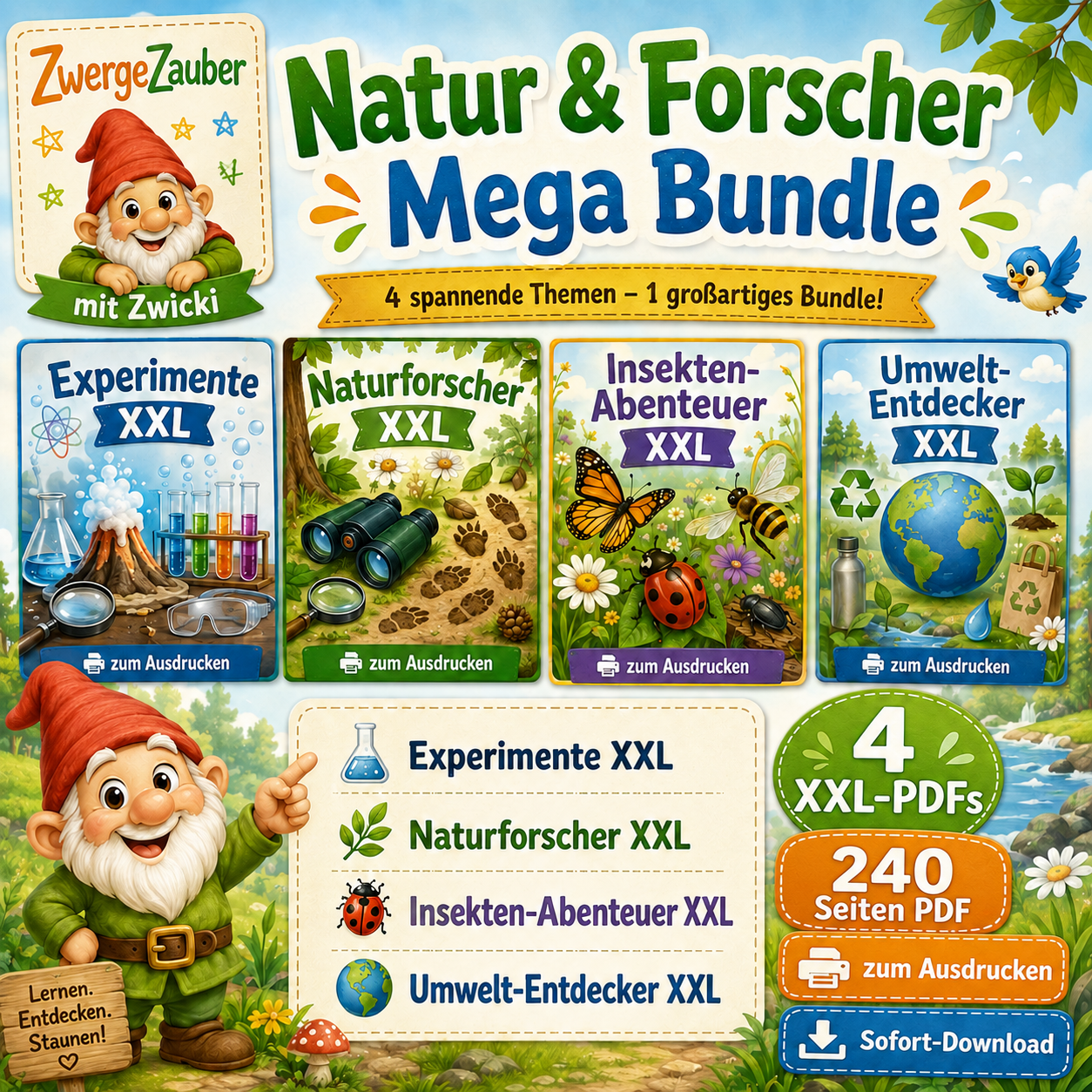 Natur & Forscher Mega Bundle von ZwergeZauber mit 4 XXL-PDFs und 240 Seiten zu Experimenten, Natur, Insekten und Umwelt für Kinder
