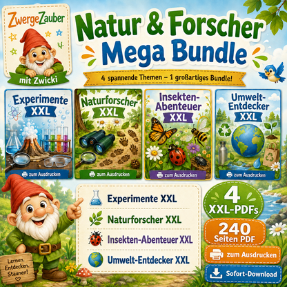 Natur & Forscher Mega Bundle von ZwergeZauber mit 4 XXL-PDFs und 240 Seiten zu Experimenten, Natur, Insekten und Umwelt für Kinder