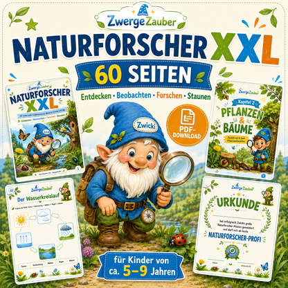 Naturforscher XXL PDF für Kinder mit 60 Seiten, Zwicki, Forscheraufgaben, Experimenten und Naturwissen