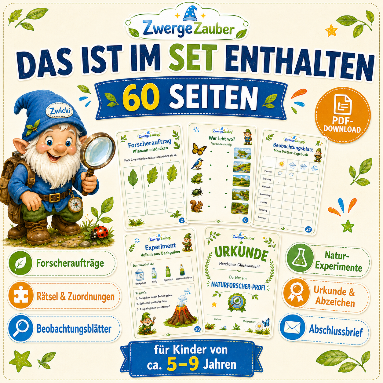Inhalt des Naturforscher XXL mit 60 Seiten, Forscheraufträgen, Beobachtungsblättern, Experimenten und Urkunde