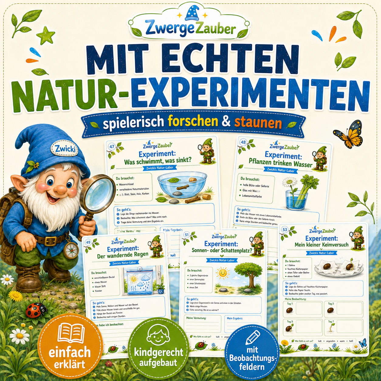 Kindgerechte Natur-Experimente im Naturforscher XXL mit Zwicki, Beobachtungsfeldern und einfachen Anleitungen
