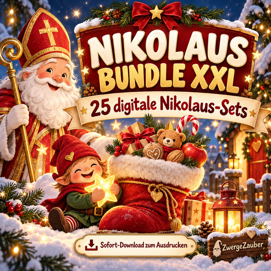 Nikolaus Bundle XXL von ZwergeZauber mit 25 digitalen Nikolaus-Sets, Nikolausfigur, kleinem Zwerg und gefülltem Stiefel.