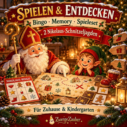 Nikolaus-Spiele mit Bingo, Memory, Familienspieleset und zwei Schnitzeljagden für Zuhause und Kindergarten.