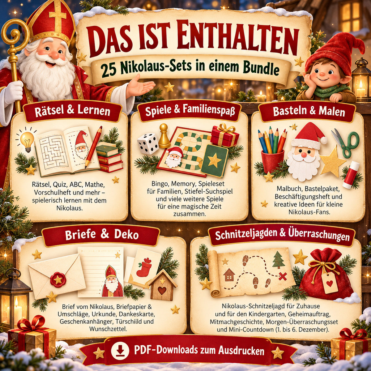 Das ist enthalten: 25 Nikolaus-Sets mit Rätseln, Spielen, Bastelideen, Briefen, Dekoration und Schnitzeljagden.