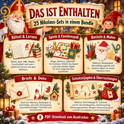 Das ist enthalten: 25 Nikolaus-Sets mit Rätseln, Spielen, Bastelideen, Briefen, Dekoration und Schnitzeljagden.