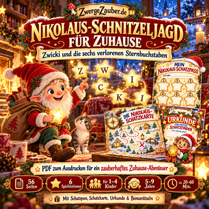 Nikolaus-Schnitzeljagd für Zuhause von ZwergeZauber mit Zwicki, 56 PDF-Seiten, 6 Spielstationen, Rätseln und Schatzsuche für Kinder von 5–9 Jahren.